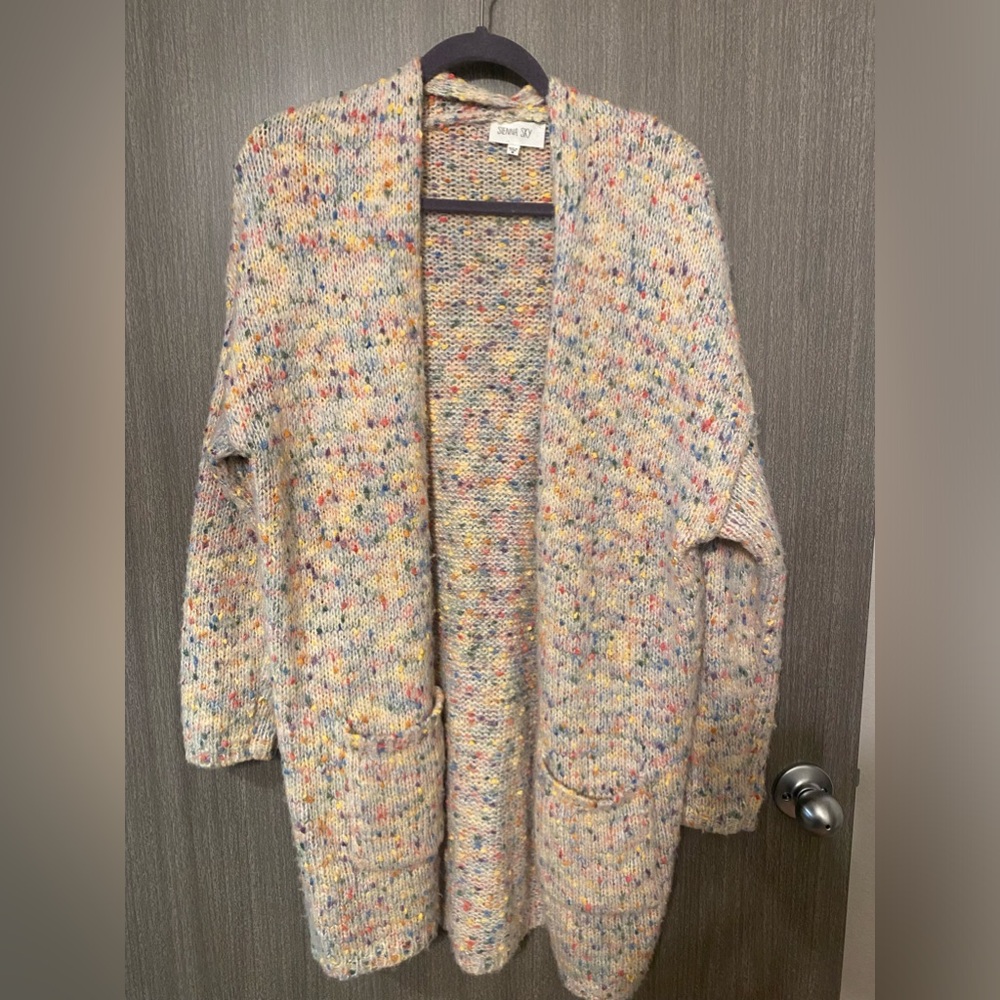 Beautiful and colorful knee length open front sweater!